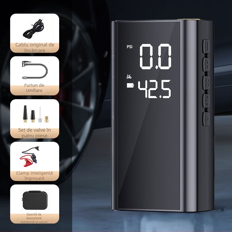 Sursă de pornire de urgență pentru mașină și pompă de aer - toate într-un singur dispozitiv, 14.8V, 120W, cilindru unic, afișaj digital, iluminare