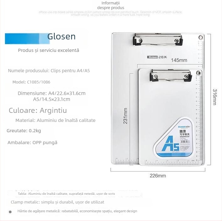 Glosen clemă de placă din aliaj de aluminiu cu placă MDF, antiderapant, pentru A4/A5, dimensiuni de montaj 316×226 mm și 231×145 mm