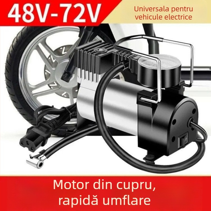 Pompa de aer pentru vehicule electrice, design multi-cilindru, 150W, cablu 2,5–3,0 m, afișaj digital, lumină de avertizare