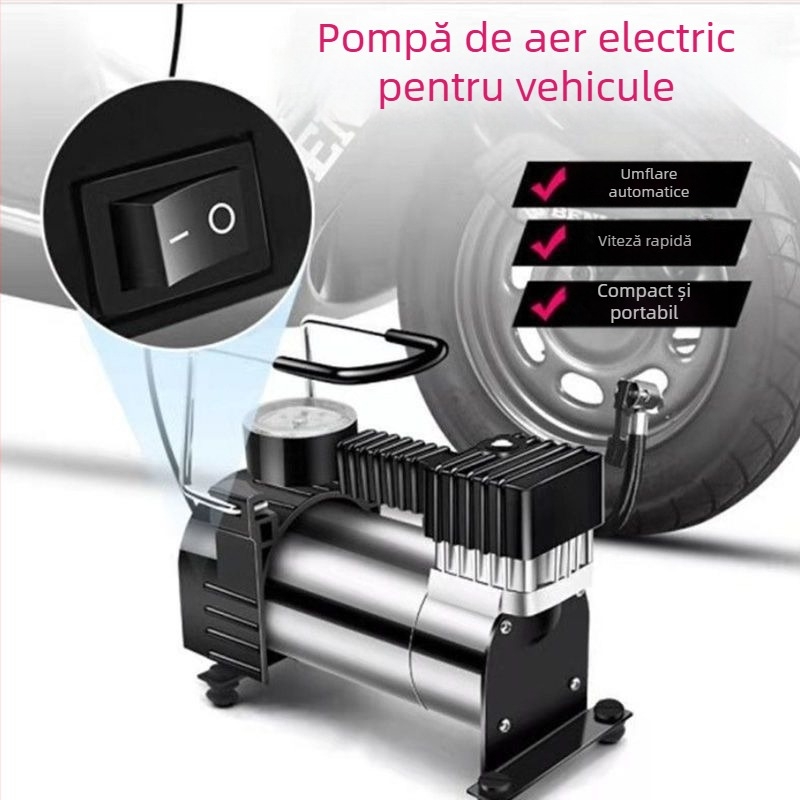Pompa de aer pentru vehicule electrice, design multi-cilindru, 150W, cablu 2,5–3,0 m, afișaj digital, lumină de avertizare