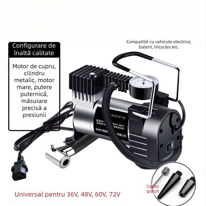 Pompa de aer pentru vehicule electrice, design multi-cilindru, 150W, cablu 2,5–3,0 m, afișaj digital, lumină de avertizare