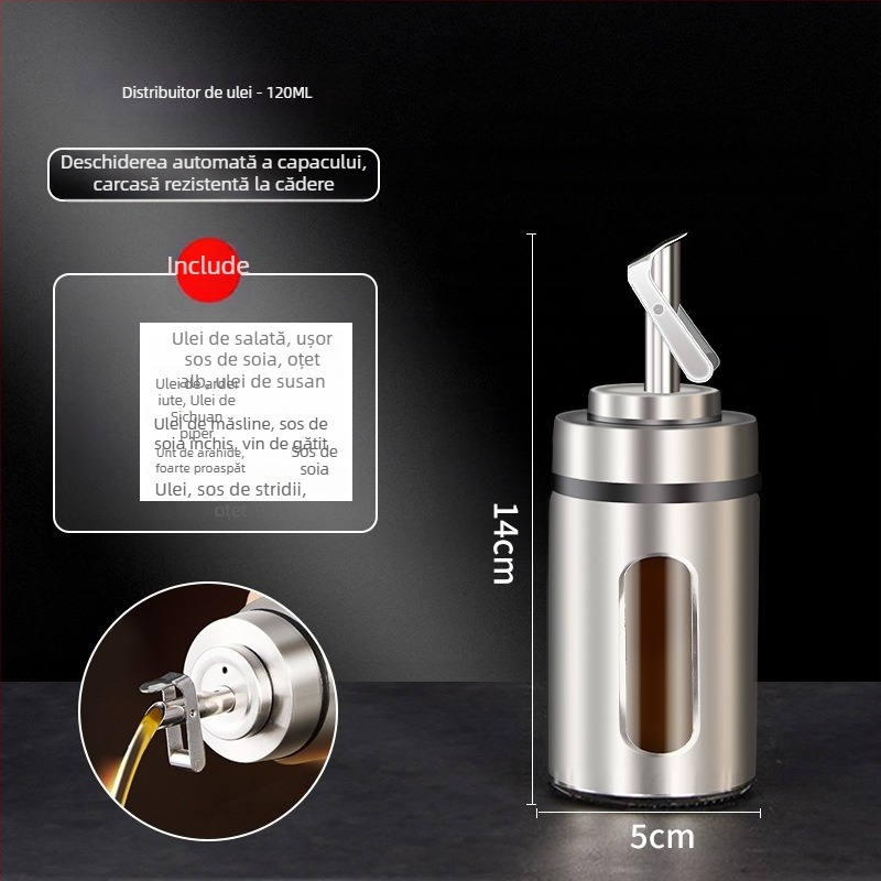 Sticlă pentru ulei, din sticlă, alimentară, deschidere și închidere automate, logo imprimat, design modern minimalist