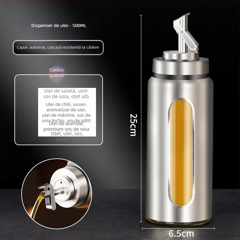 Sticlă pentru ulei, din sticlă, alimentară, deschidere și închidere automate, logo imprimat, design modern minimalist