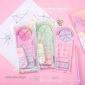 Riglă de desen rotativă multifuncțională pentru elevi, cu șablon de parabola și figuri geometrice — Ximi TY-099, material PS