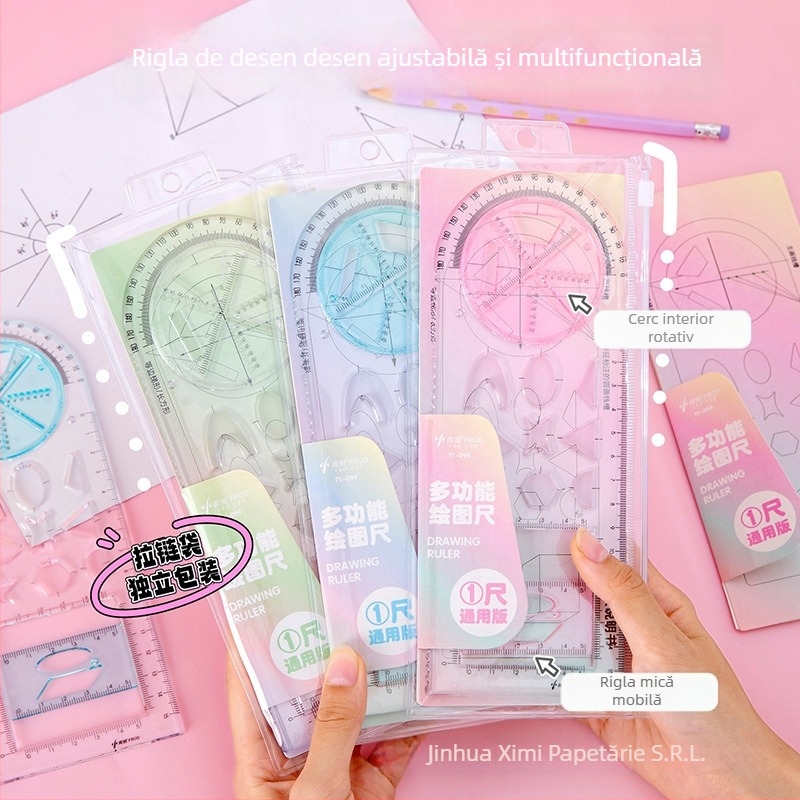 Riglă de desen rotativă multifuncțională pentru elevi, cu șablon de parabola și figuri geometrice — Ximi TY-099, material PS