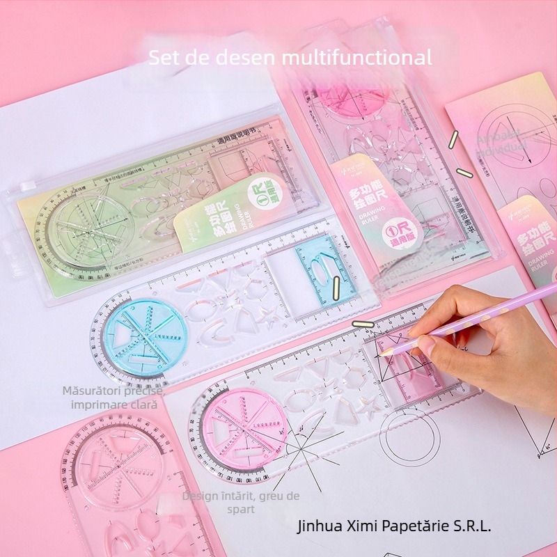 Riglă de desen rotativă multifuncțională pentru elevi, cu șablon de parabola și figuri geometrice — Ximi TY-099, material PS