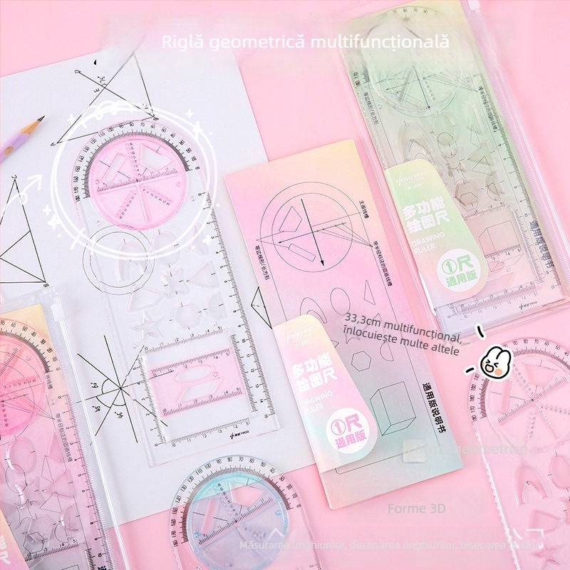 Riglă de desen rotativă multifuncțională pentru elevi, cu șablon de parabola și figuri geometrice — Ximi TY-099, material PS