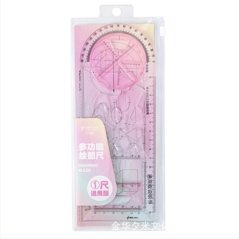 Riglă de desen rotativă multifuncțională pentru elevi, cu șablon de parabola și figuri geometrice — Ximi TY-099, material PS