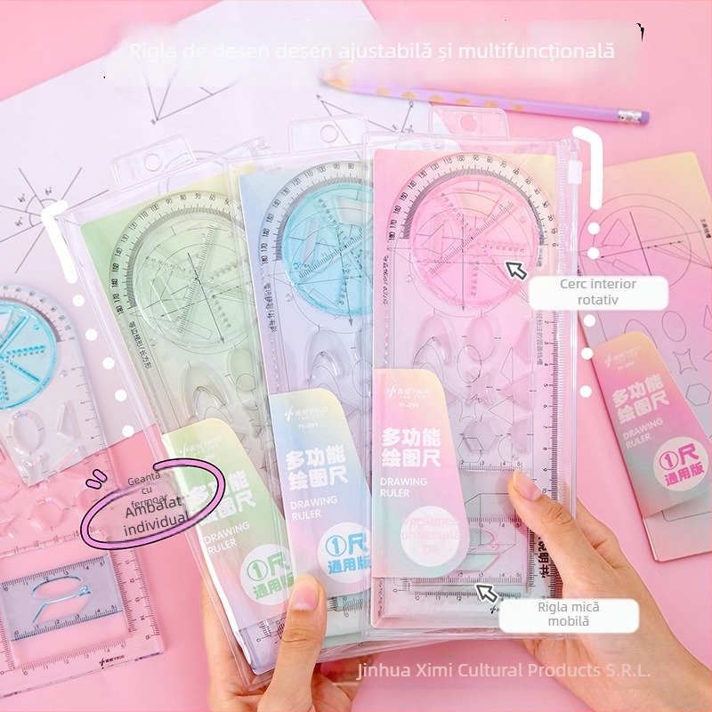 Riglă de desen rotativă multifuncțională pentru elevi, cu șablon de parabola și figuri geometrice — Ximi TY-099, material PS