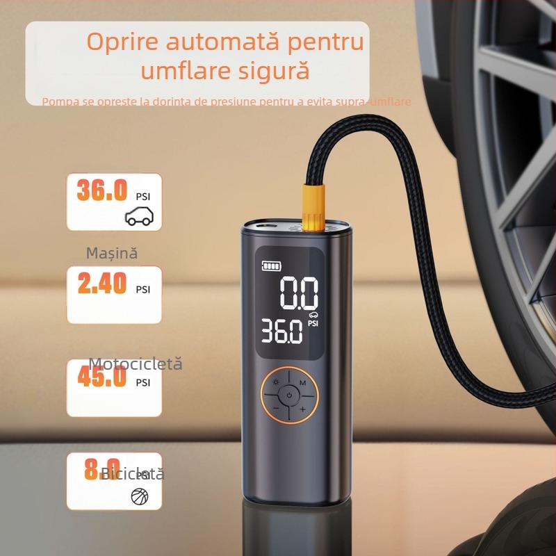 Pompa de aer electrică fără fir pentru autoturism, cu presiune înaltă, afișaj digital, 7.4V, încărcare USB, ≤80W, baterie Li‑ion, timp de funcționare 5–20 minute