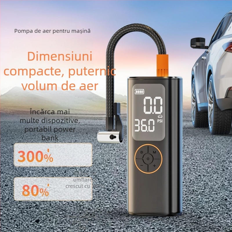 Pompa de aer electrică fără fir pentru autoturism, cu presiune înaltă, afișaj digital, 7.4V, încărcare USB, ≤80W, baterie Li‑ion, timp de funcționare 5–20 minute