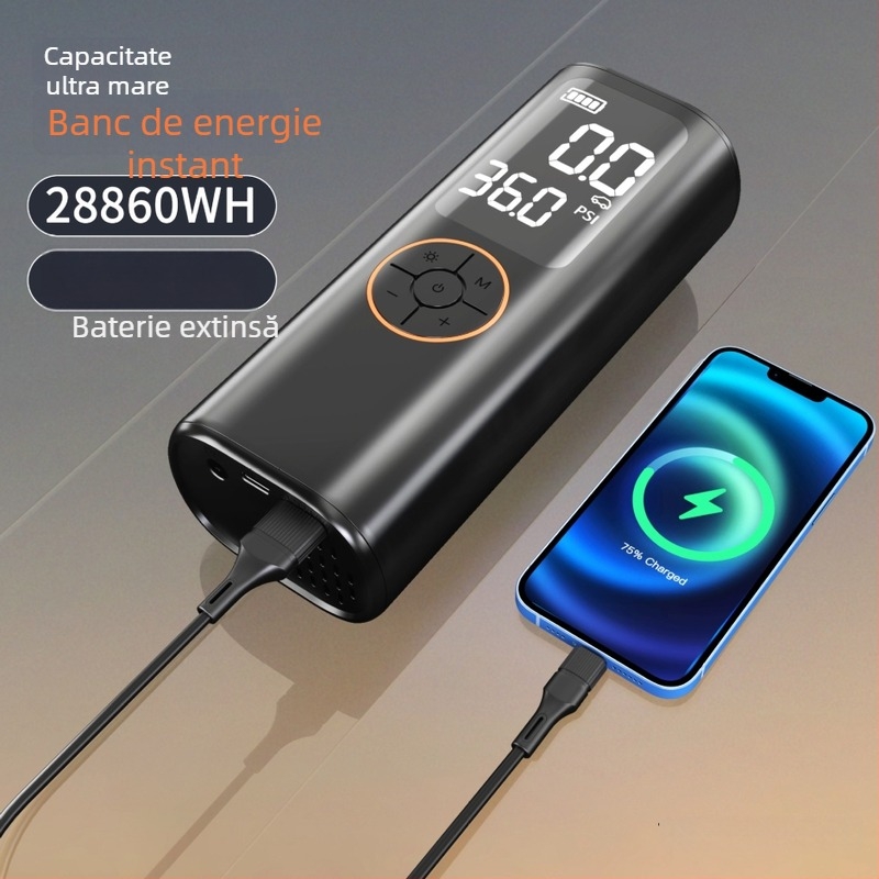 Pompa de aer electrică fără fir pentru autoturism, cu presiune înaltă, afișaj digital, 7.4V, încărcare USB, ≤80W, baterie Li‑ion, timp de funcționare 5–20 minute