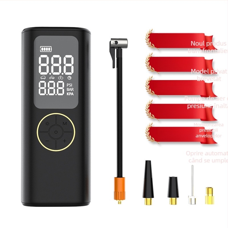 Pompa de aer electrică fără fir pentru autoturism, cu presiune înaltă, afișaj digital, 7.4V, încărcare USB, ≤80W, baterie Li‑ion, timp de funcționare 5–20 minute