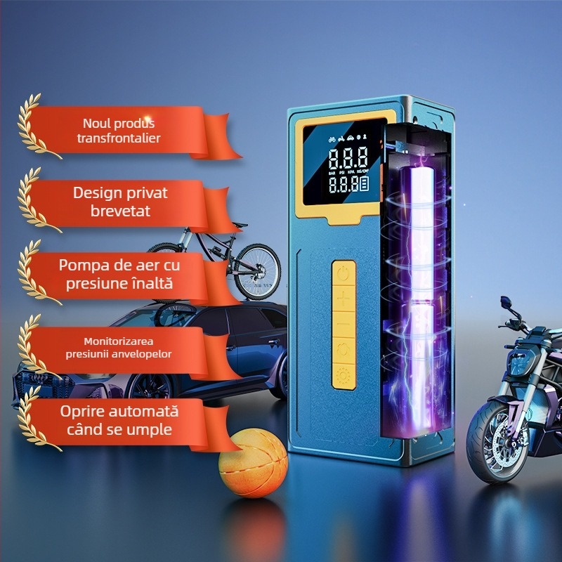 Pompa de aer electrică fără fir pentru autoturism, cu presiune înaltă, afișaj digital, 7.4V, încărcare USB, ≤80W, baterie Li‑ion, timp de funcționare 5–20 minute