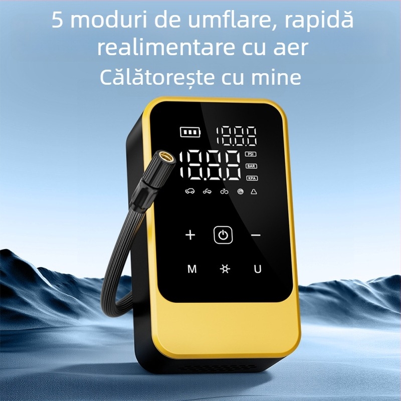 Pompa de anvelope auto fără fir, pompă electrică portabilă, 12V, debit 30 L/min, display digital, încărcare USB