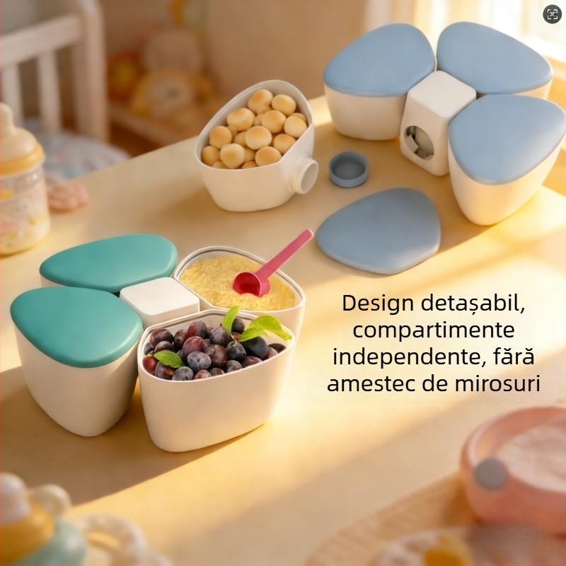 Cutie portabilă pentru lapte praf de bebeluți, cu patru compartimente independente, design cu trifoi, capacitate mare