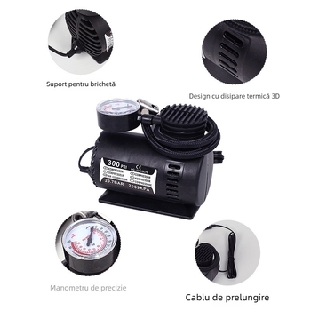 Inflațor portabil pentru pneuriauto cu manometru, 12V, 120W, 35 L/min, cablu de alimentare 2.5 m