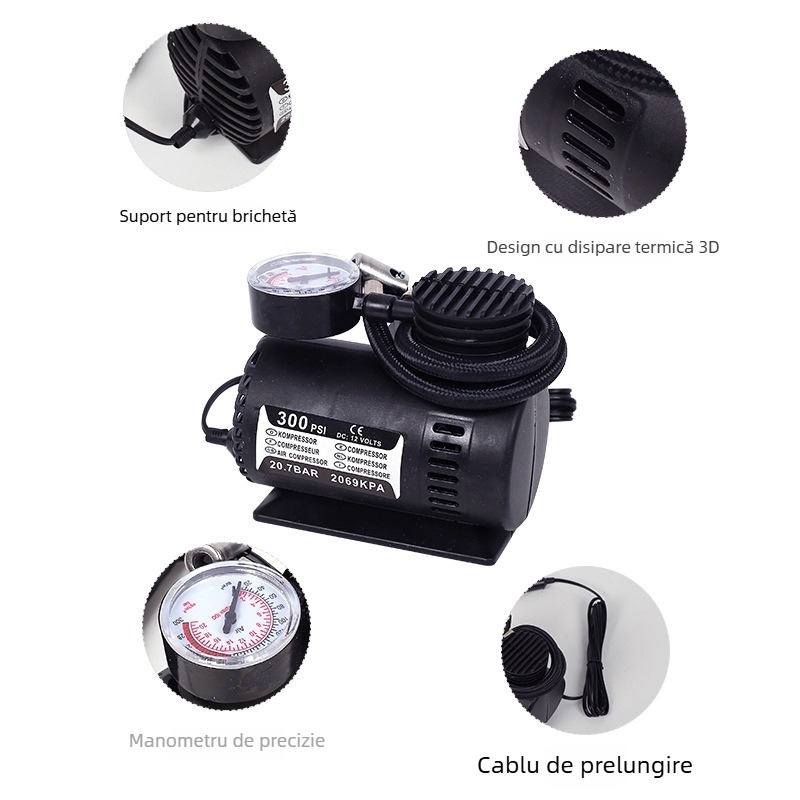 Inflațor portabil pentru pneuriauto cu manometru, 12V, 120W, 35 L/min, cablu de alimentare 2.5 m
