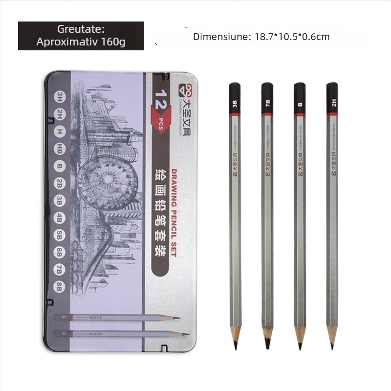 Creioane pentru schițe, corp din lemn, 12 buc. într-o cutie, brand Great Sage