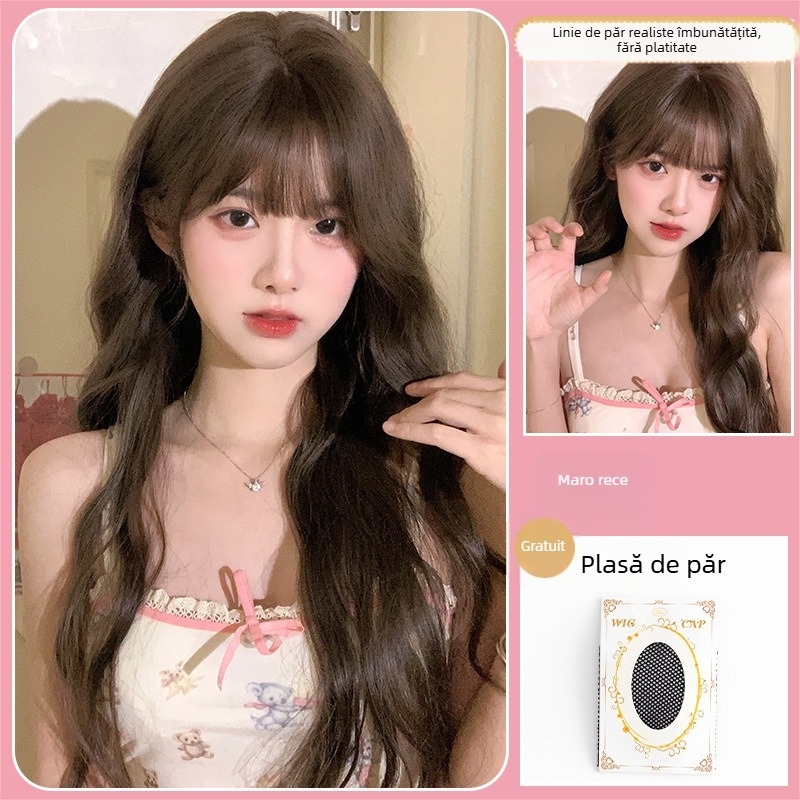Perucă lungă, bucle mari, cu breton lateral, fibră sintetică rezistentă la căldură, stil natural, modelare facială, pentru femei