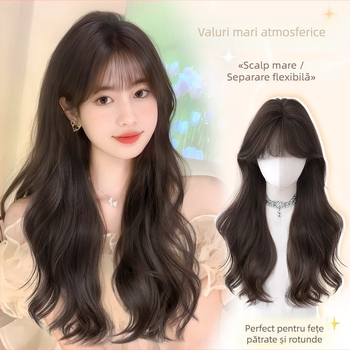 Perucă pentru femei Daiyan, cu breton drept și valuri mari, aspect natural, material mat din mătase rezistentă la temperaturi înalte, stil păr lung cu valuri
