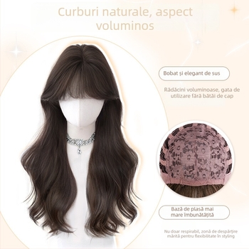 Perucă pentru femei Daiyan, cu breton drept și valuri mari, aspect natural, material mat din mătase rezistentă la temperaturi înalte, stil păr lung cu valuri