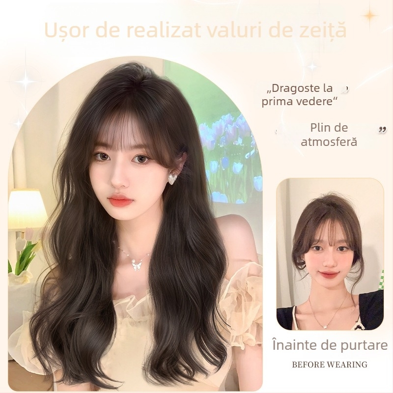 Perucă pentru femei Daiyan, cu breton drept și valuri mari, aspect natural, material mat din mătase rezistentă la temperaturi înalte, stil păr lung cu valuri