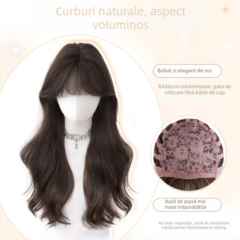 Perucă pentru femei Daiyan, cu breton drept și valuri mari, aspect natural, material mat din mătase rezistentă la temperaturi înalte, stil păr lung cu valuri