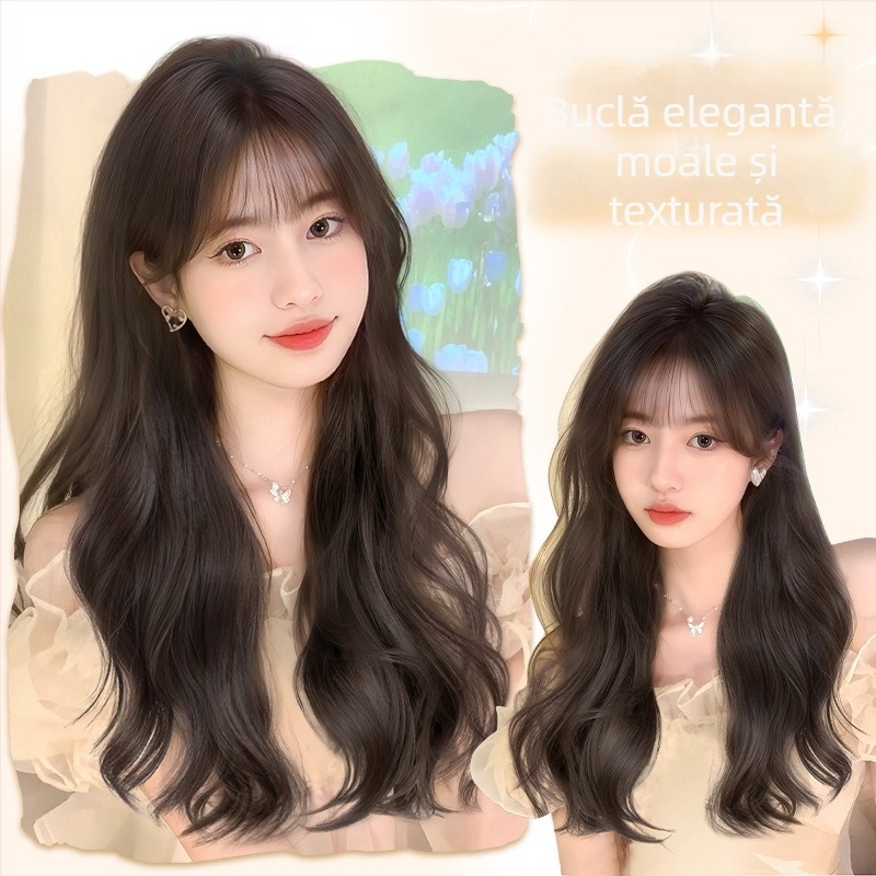 Perucă pentru femei Daiyan, cu breton drept și valuri mari, aspect natural, material mat din mătase rezistentă la temperaturi înalte, stil păr lung cu valuri