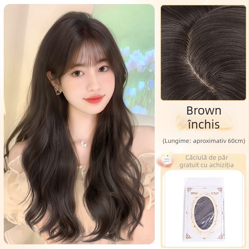 Perucă pentru femei Daiyan, cu breton drept și valuri mari, aspect natural, material mat din mătase rezistentă la temperaturi înalte, stil păr lung cu valuri