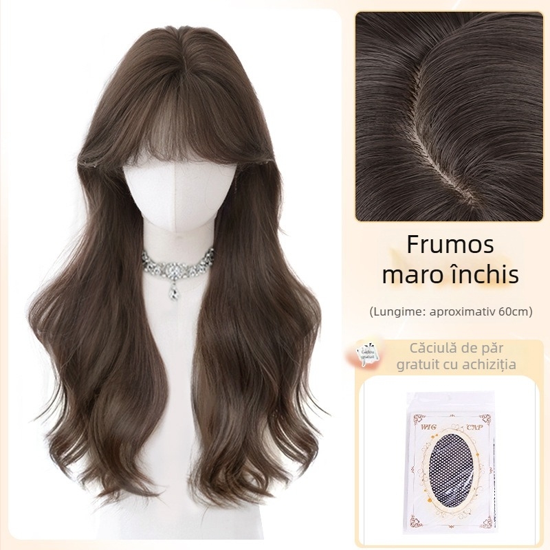 Perucă pentru femei Daiyan, cu breton drept și valuri mari, aspect natural, material mat din mătase rezistentă la temperaturi înalte, stil păr lung cu valuri