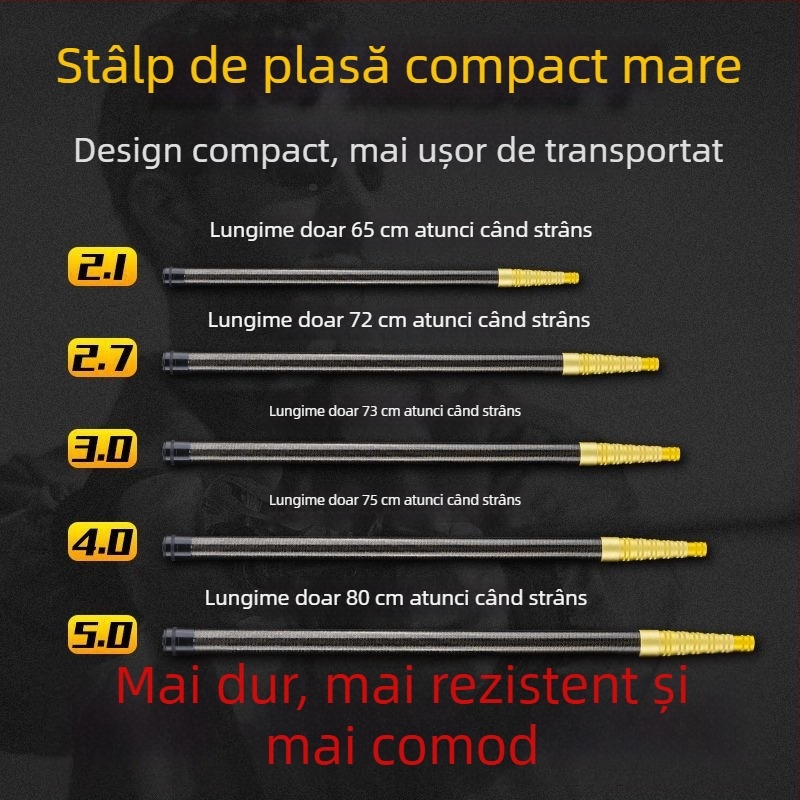 Prăjină telescopic din carbon pentru plasă de pescuit, ultra-ușoară, portabilă