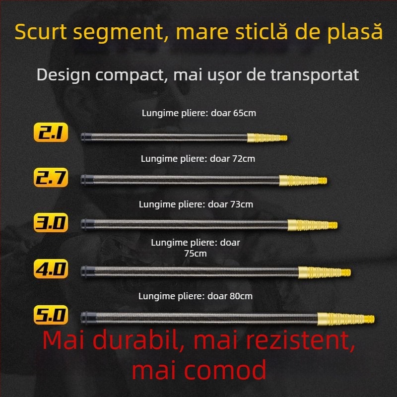 Prăjină telescopic din carbon pentru plasă de pescuit, ultra-ușoară, portabilă