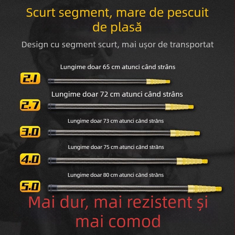 Prăjină telescopic din carbon pentru plasă de pescuit, ultra-ușoară, portabilă