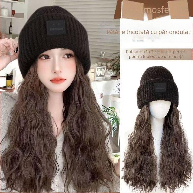 Perucă cu pălărie pentru femei, păr lung buclat, lungime lungă, fir rezistent la temperaturi, stil natural, beneficii anti-îmbătrânire