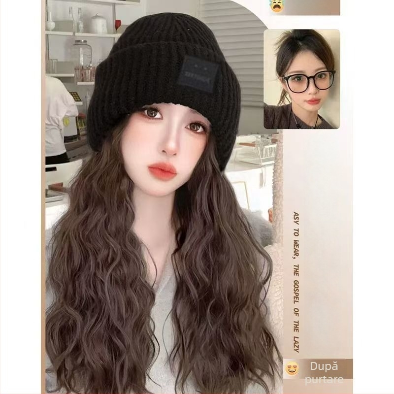 Perucă cu pălărie pentru femei, păr lung buclat, lungime lungă, fir rezistent la temperaturi, stil natural, beneficii anti-îmbătrânire