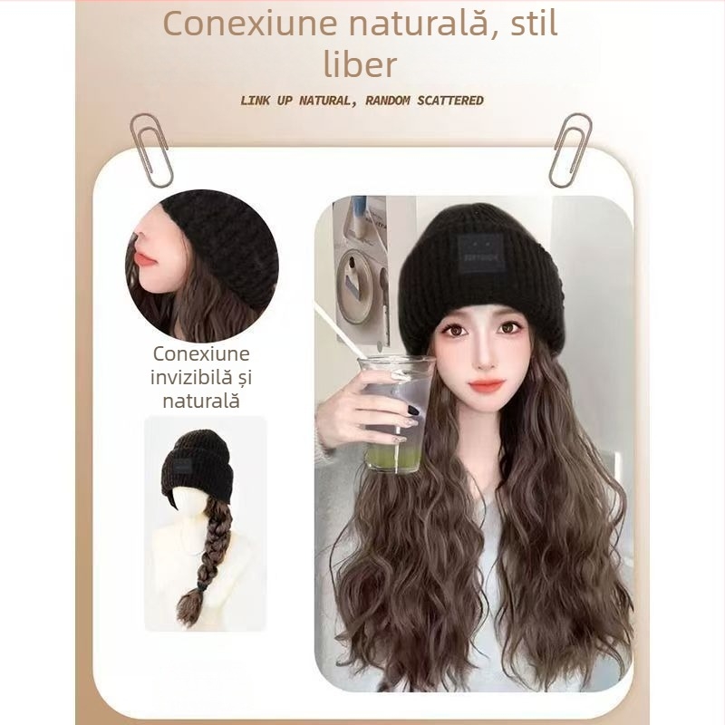 Perucă cu pălărie pentru femei, păr lung buclat, lungime lungă, fir rezistent la temperaturi, stil natural, beneficii anti-îmbătrânire