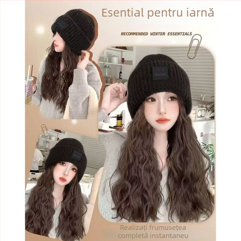 Perucă cu pălărie pentru femei, păr lung buclat, lungime lungă, fir rezistent la temperaturi, stil natural, beneficii anti-îmbătrânire