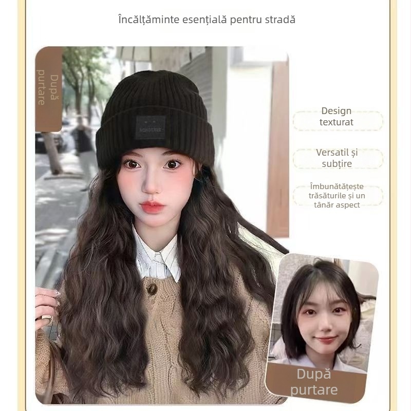 Perucă cu pălărie pentru femei, păr lung buclat, lungime lungă, fir rezistent la temperaturi, stil natural, beneficii anti-îmbătrânire