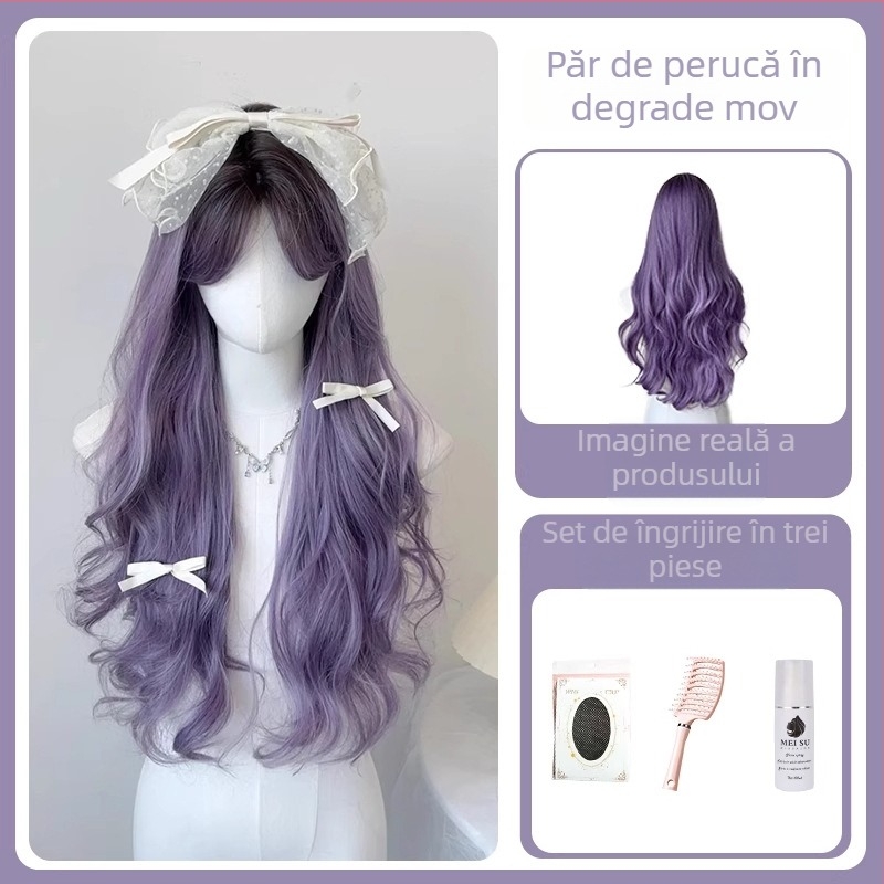 Perucă lungă buclată pentru femei, confecționată mecanic, fibre rezistente la temperatură, cu breton cu parte medie