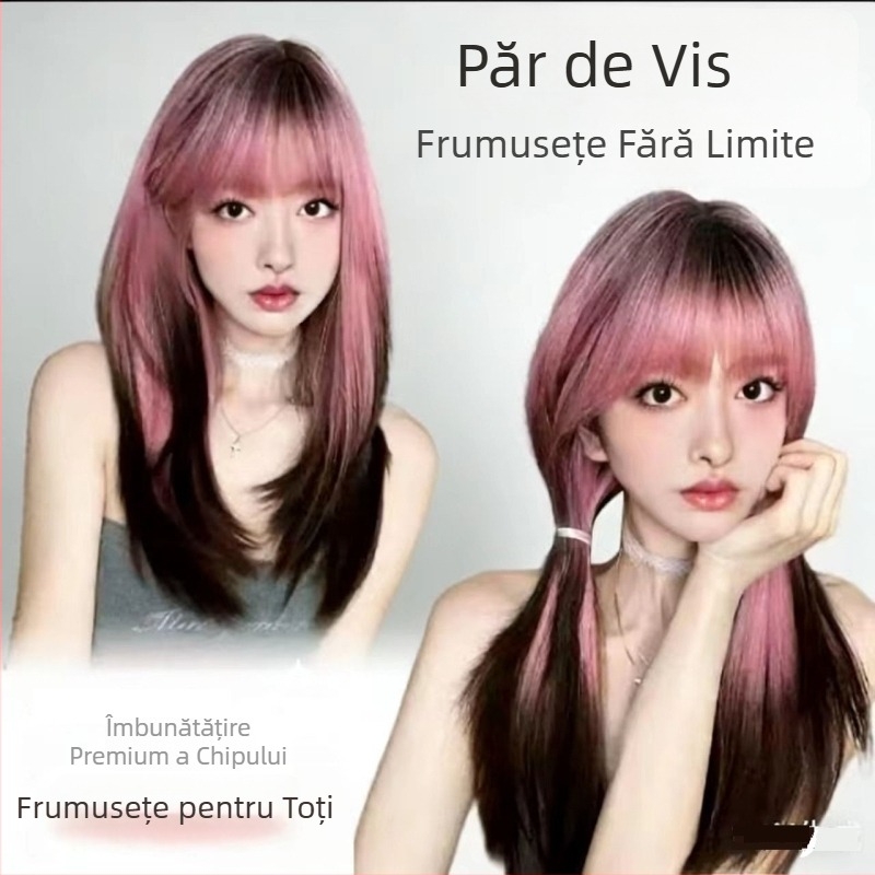 Perucă pentru femei cu păr lung și drept – mătase rezistentă la temperaturi înalte, prelucrare mecanizată, nu poate fi vopsită sau periată, breton drept sau înclinată