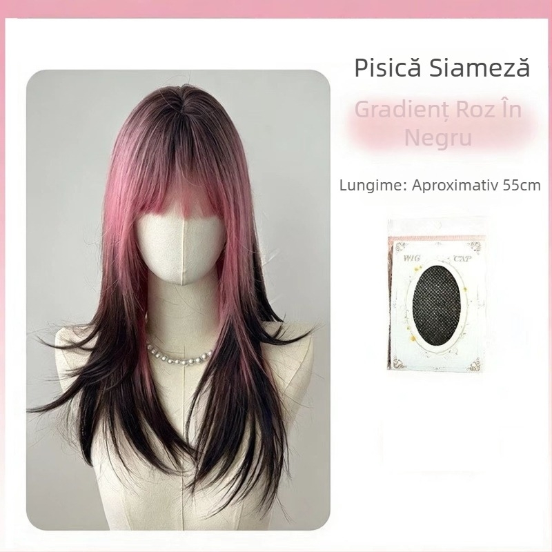 Perucă pentru femei cu păr lung și drept – mătase rezistentă la temperaturi înalte, prelucrare mecanizată, nu poate fi vopsită sau periată, breton drept sau înclinată