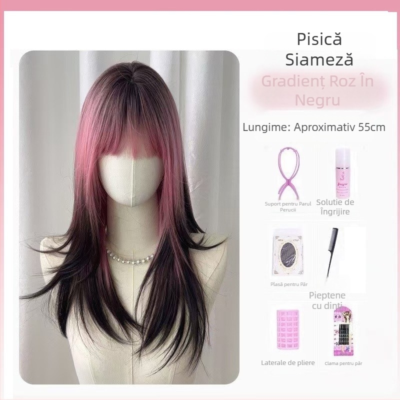 Perucă pentru femei cu păr lung și drept – mătase rezistentă la temperaturi înalte, prelucrare mecanizată, nu poate fi vopsită sau periată, breton drept sau înclinată