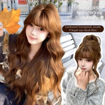 Perucă pentru femei cu păr lung buclat și breton drept, model C24-005, păr din mătase rezistentă la temperaturi înalte, fabricată pe mașină