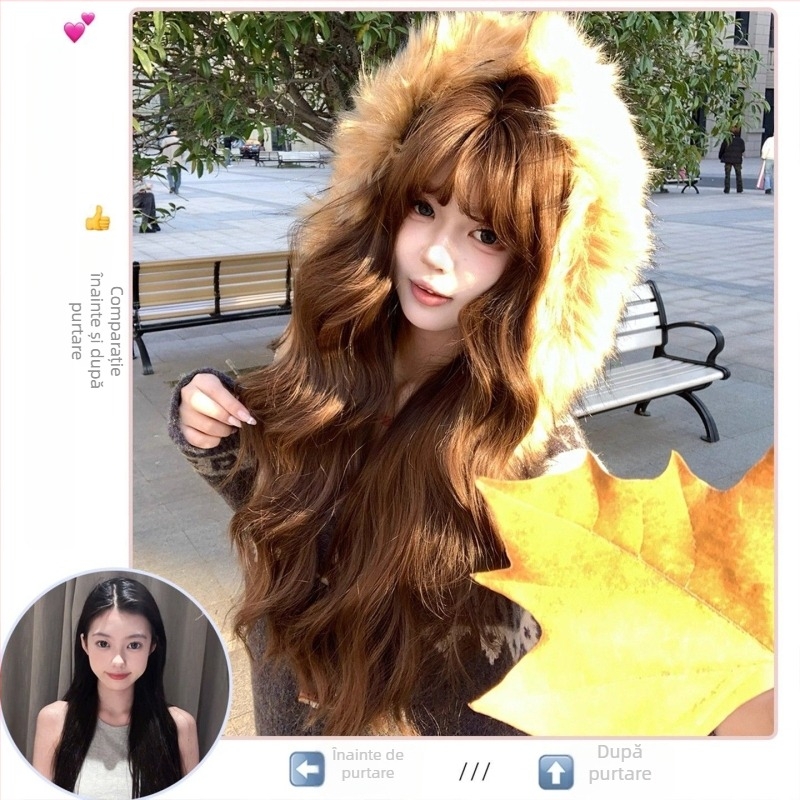 Perucă pentru femei cu păr lung buclat și breton drept, model C24-005, păr din mătase rezistentă la temperaturi înalte, fabricată pe mașină