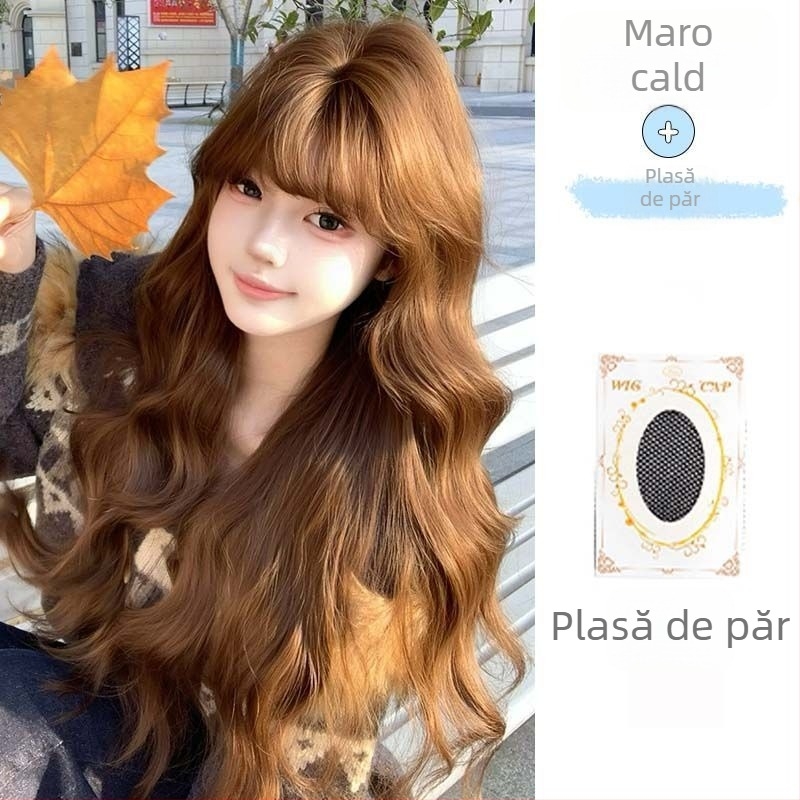 Perucă pentru femei cu păr lung buclat și breton drept, model C24-005, păr din mătase rezistentă la temperaturi înalte, fabricată pe mașină