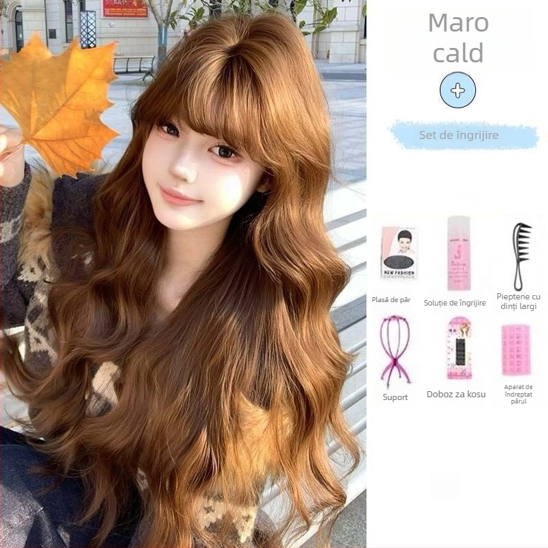 Perucă pentru femei cu păr lung buclat și breton drept, model C24-005, păr din mătase rezistentă la temperaturi înalte, fabricată pe mașină
