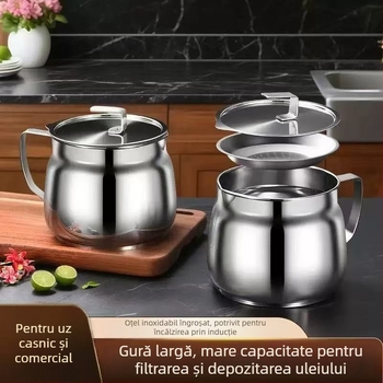 Recipient de ulei din oțel inoxidabil cu sită, pentru filtrare și depozitare în bucătărie