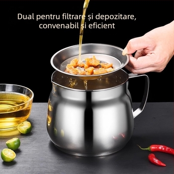 Recipient de ulei din oțel inoxidabil cu sită, pentru filtrare și depozitare în bucătărie