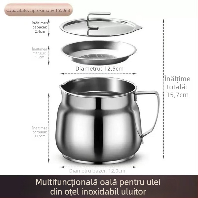 Recipient de ulei din oțel inoxidabil cu sită, pentru filtrare și depozitare în bucătărie